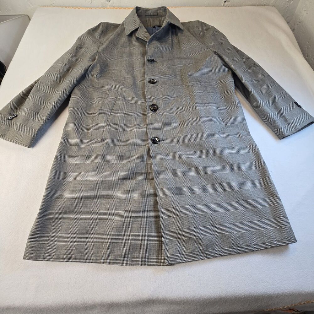 Plaid Grey Trench Coat Jacket Mens Size 40 Great Dane Boston Rain VTG no liner